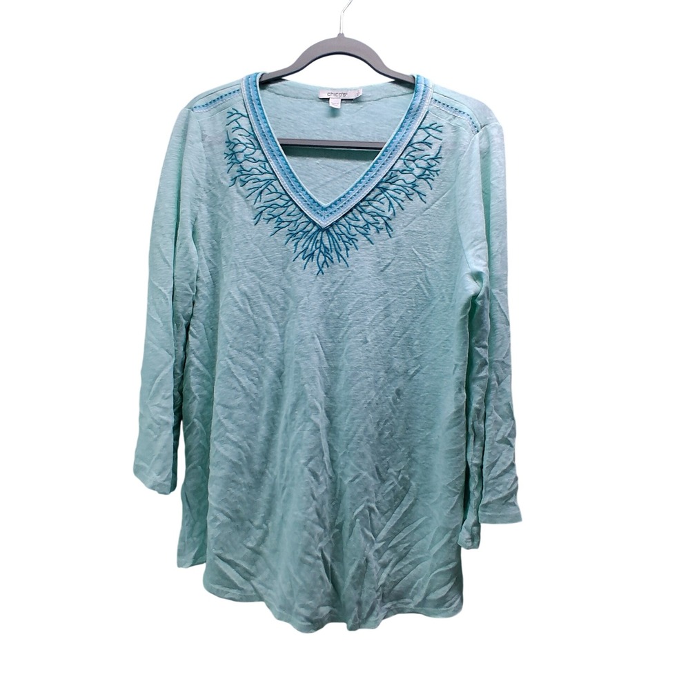 Chico's Linen Tunic Top Size 1 M Mint Green Embroidered Coastal Beachy V-Neck